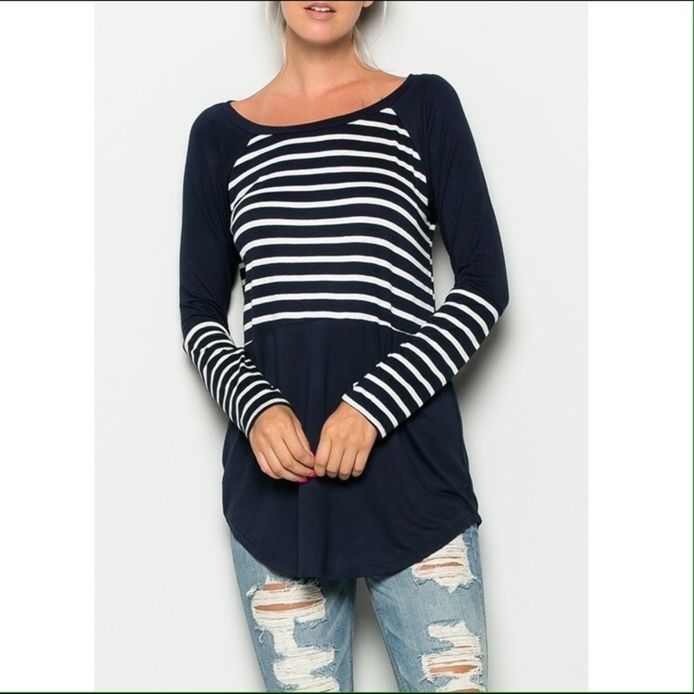 Navy Long Sleeve Top with Stripes